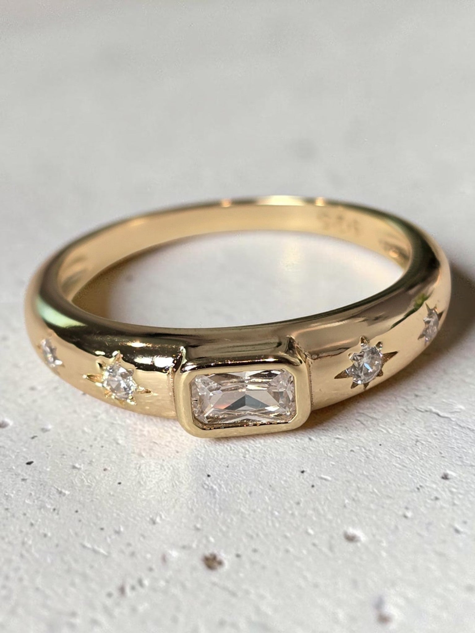 Baguette Dome Starburst Signet Ring – 14kt Gold Plated Sterling Silver Ring