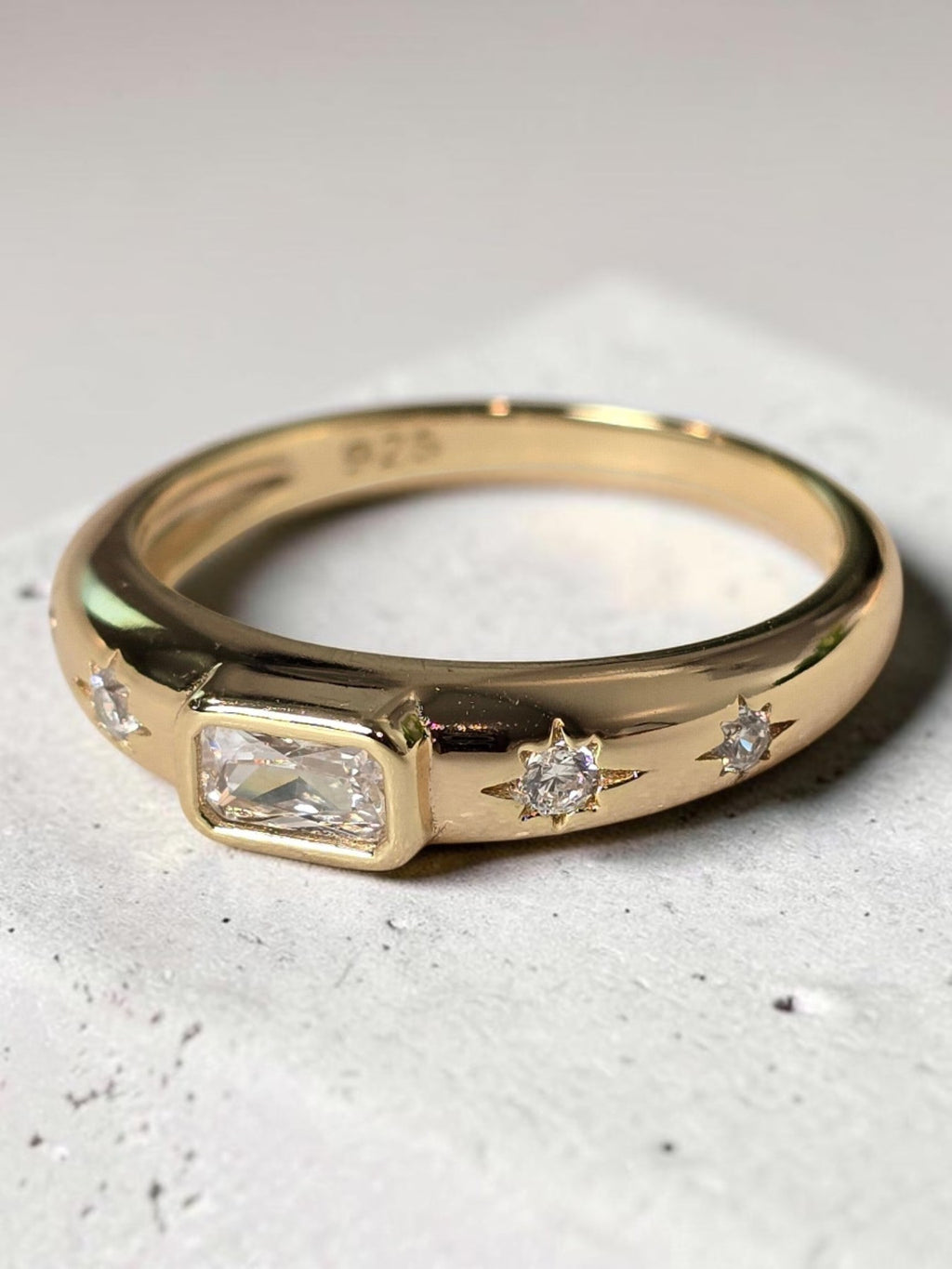 Baguette Dome Starburst Signet Ring – 14kt Gold Plated Sterling Silver Ring