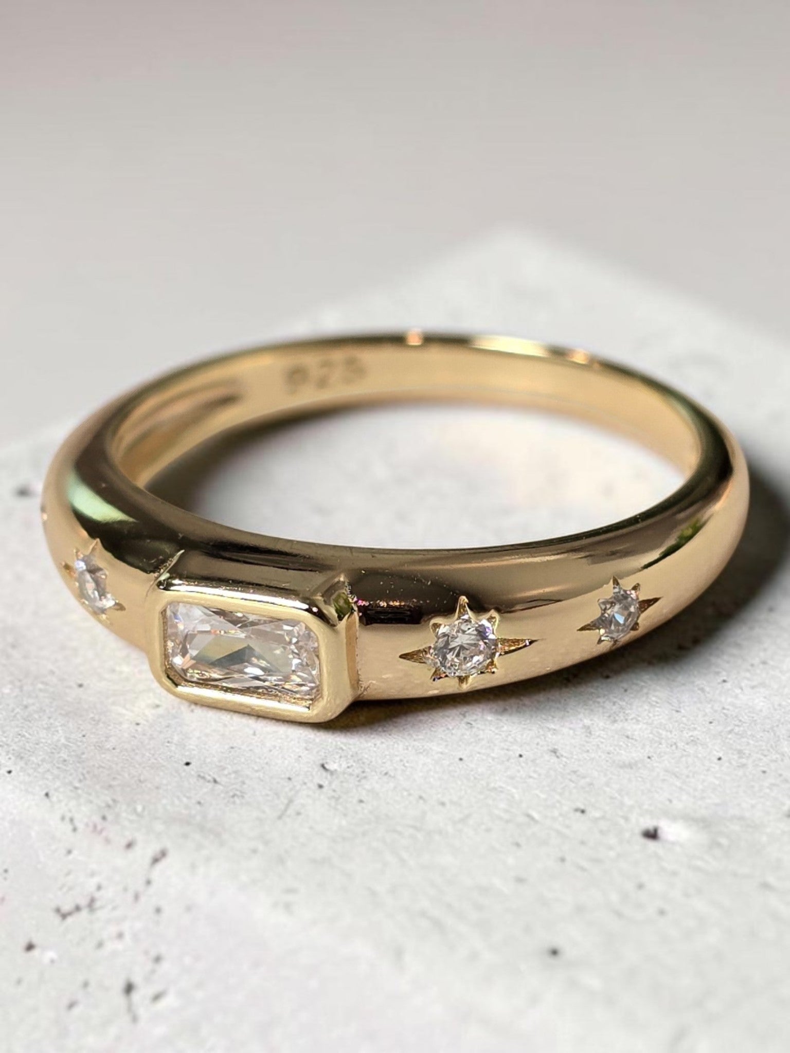 Baguette Dome Starburst Signet Ring – 14kt Gold Plated Sterling Silver Ring