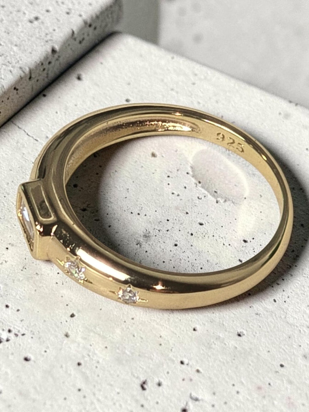 Baguette Dome Starburst Signet Ring – 14kt Gold Plated Sterling Silver Ring