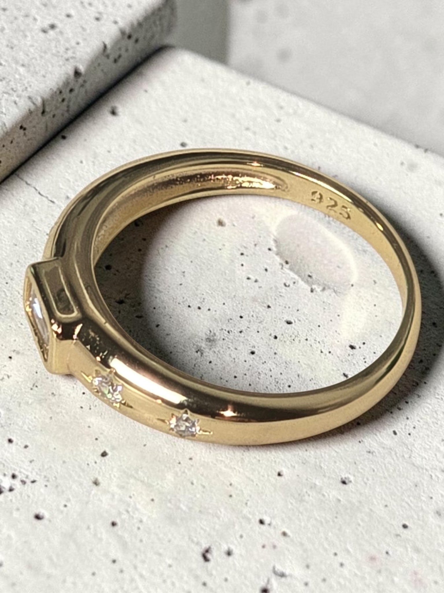 Baguette Dome Starburst Signet Ring – 14kt Gold Plated Sterling Silver Ring