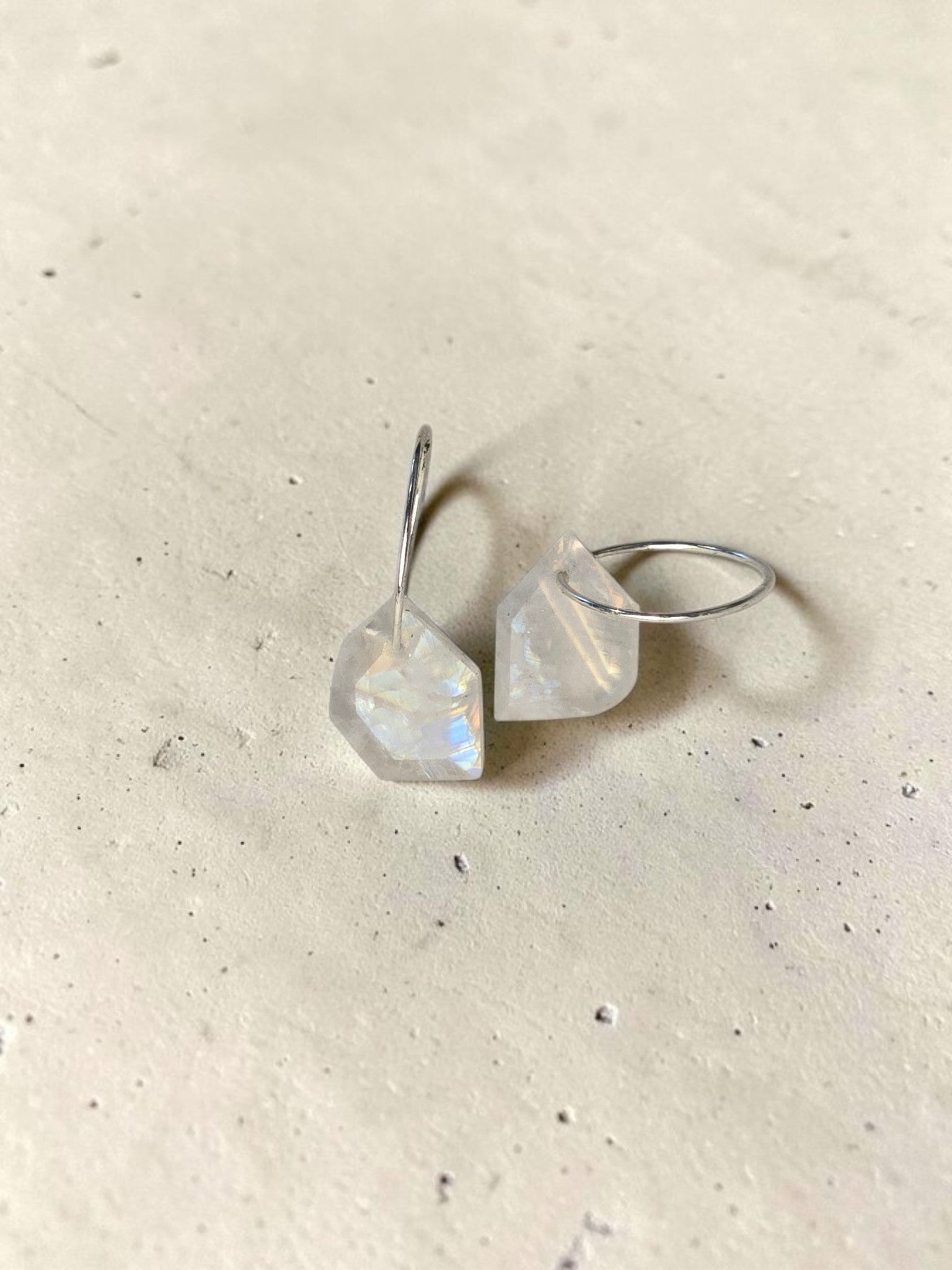 Geometric Moonstone Drop Huggie Earrings – 925 Sterling Silver Mini Hoops