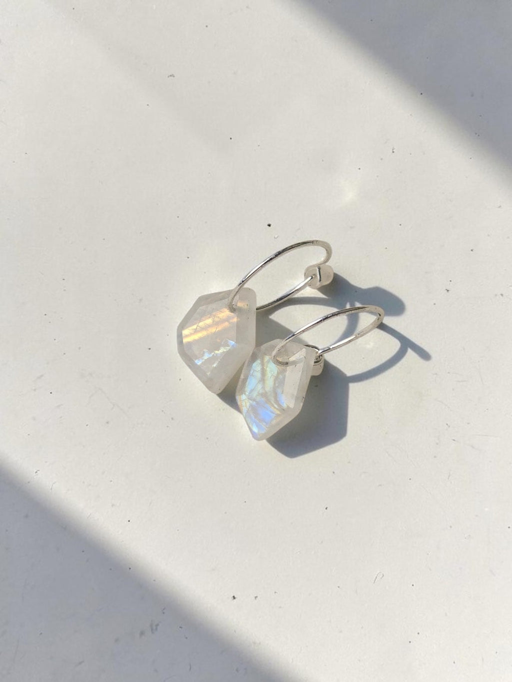 Geometric Moonstone Drop Huggie Earrings – 925 Sterling Silver Mini Hoops