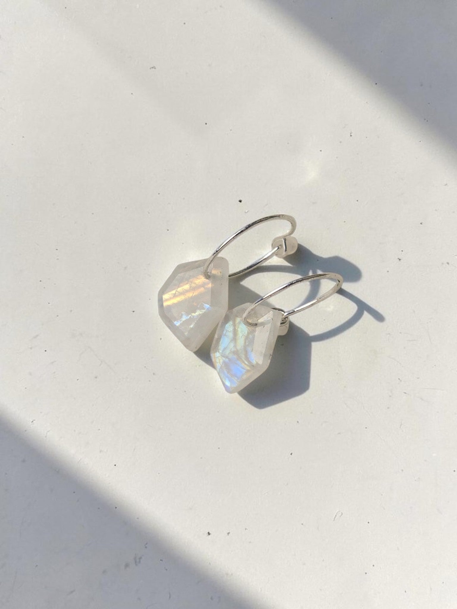 Geometric Moonstone Drop Huggie Earrings – 925 Sterling Silver Mini Hoops