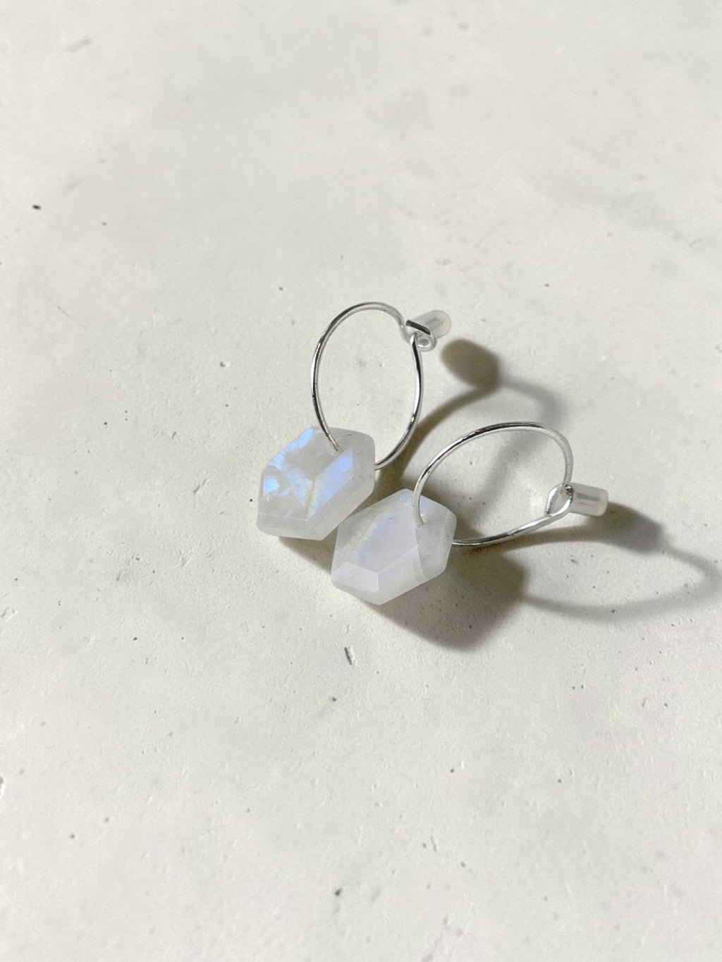 Geometric Moonstone Drop Huggie Earrings – 925 Sterling Silver Mini Hoops