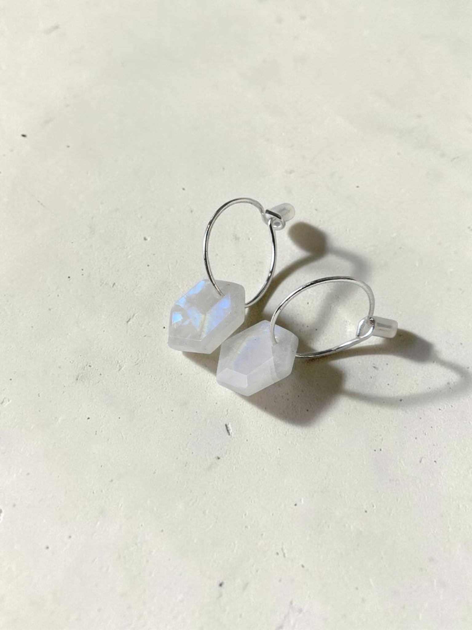 Geometric Moonstone Drop Huggie Earrings – 925 Sterling Silver Mini Hoops