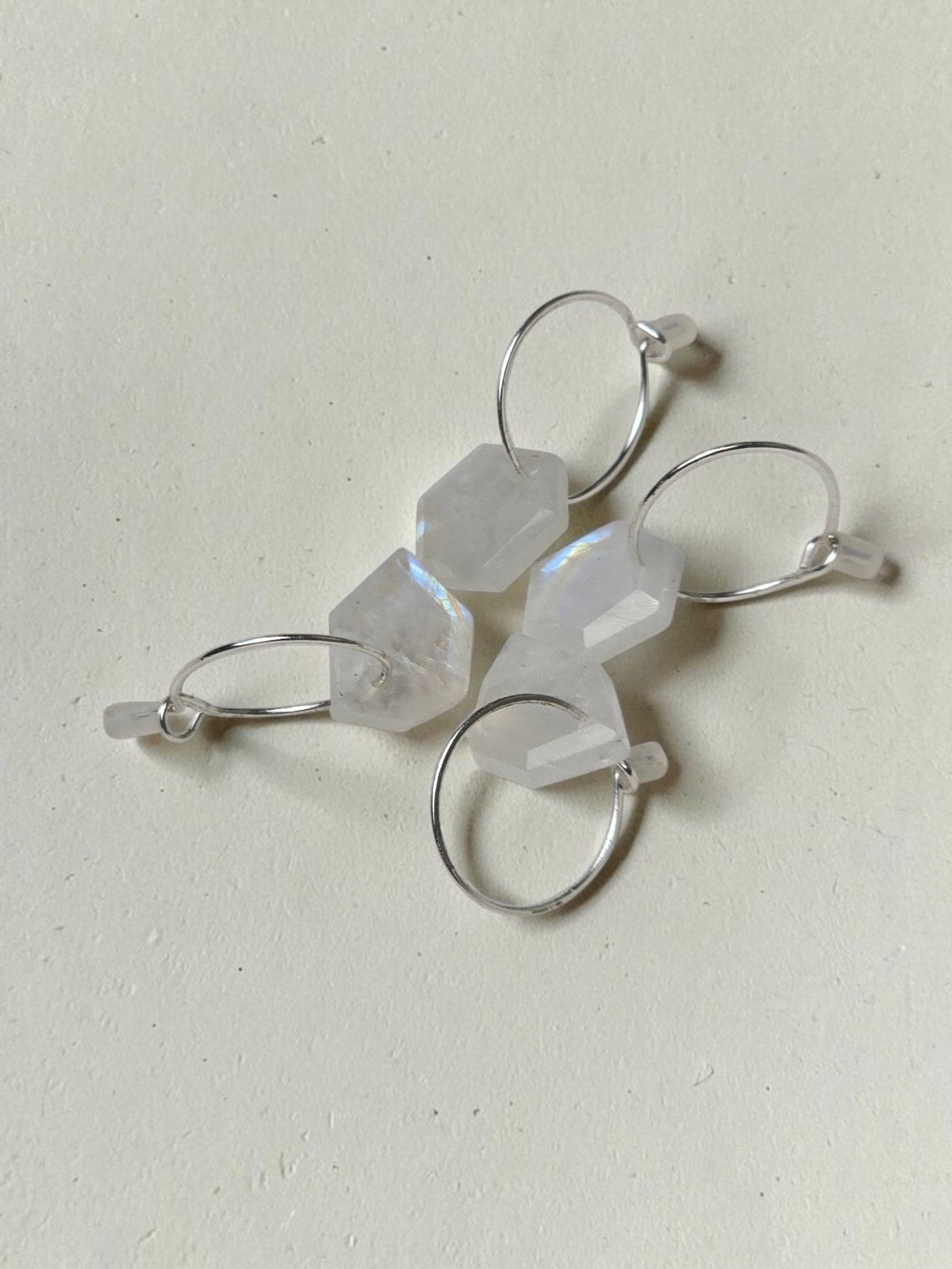 Geometric Moonstone Drop Huggie Earrings – 925 Sterling Silver Mini Hoops