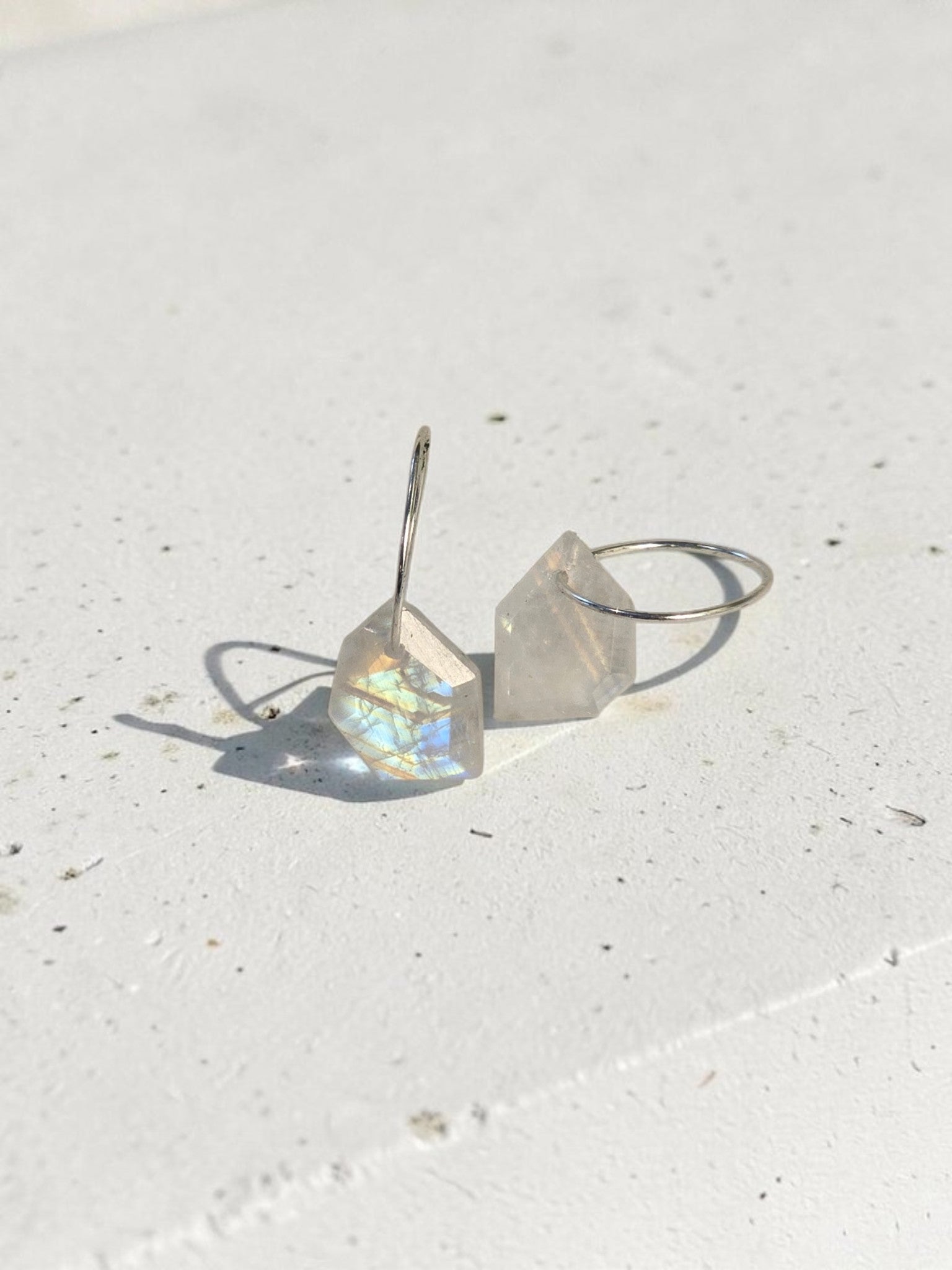 Geometric Moonstone Drop Huggie Earrings – 925 Sterling Silver Mini Hoops