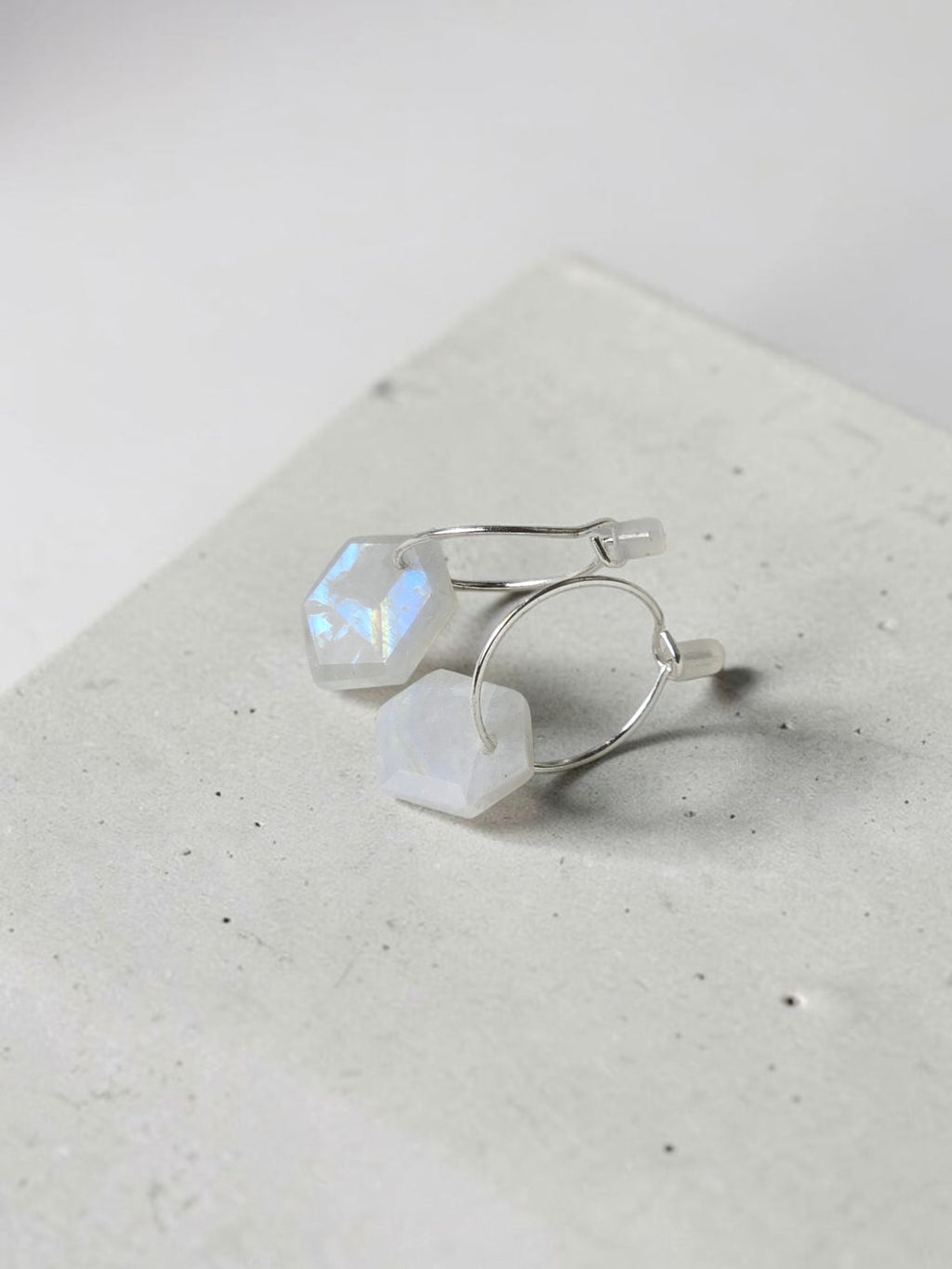 Geometric Moonstone Drop Huggie Earrings – 925 Sterling Silver Mini Hoops