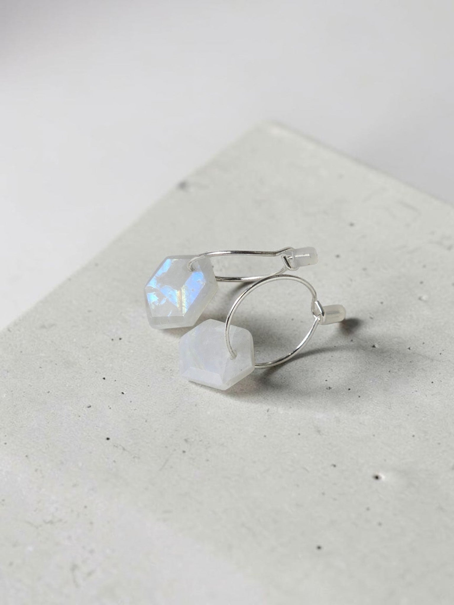 Geometric Moonstone Drop Huggie Earrings – 925 Sterling Silver Mini Hoops