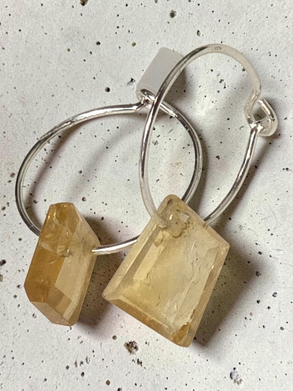 reveriebygemma sterling silver mini hoop earrings featuring raw-cut translucent amber citrine gemstone droplets