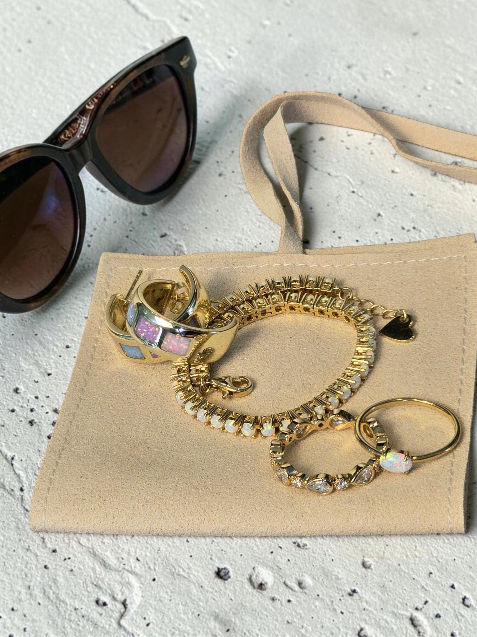 reveriebygemma fire opal tennis bracelet, gold plated sterling silver jewelry set with matching rings and hoop earrings