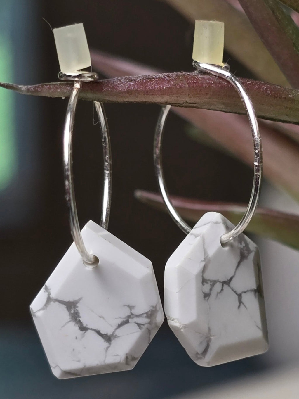 reveriebygemma geometric white howlite charms on polished 925 sterling silver mini hoop huggie earrings