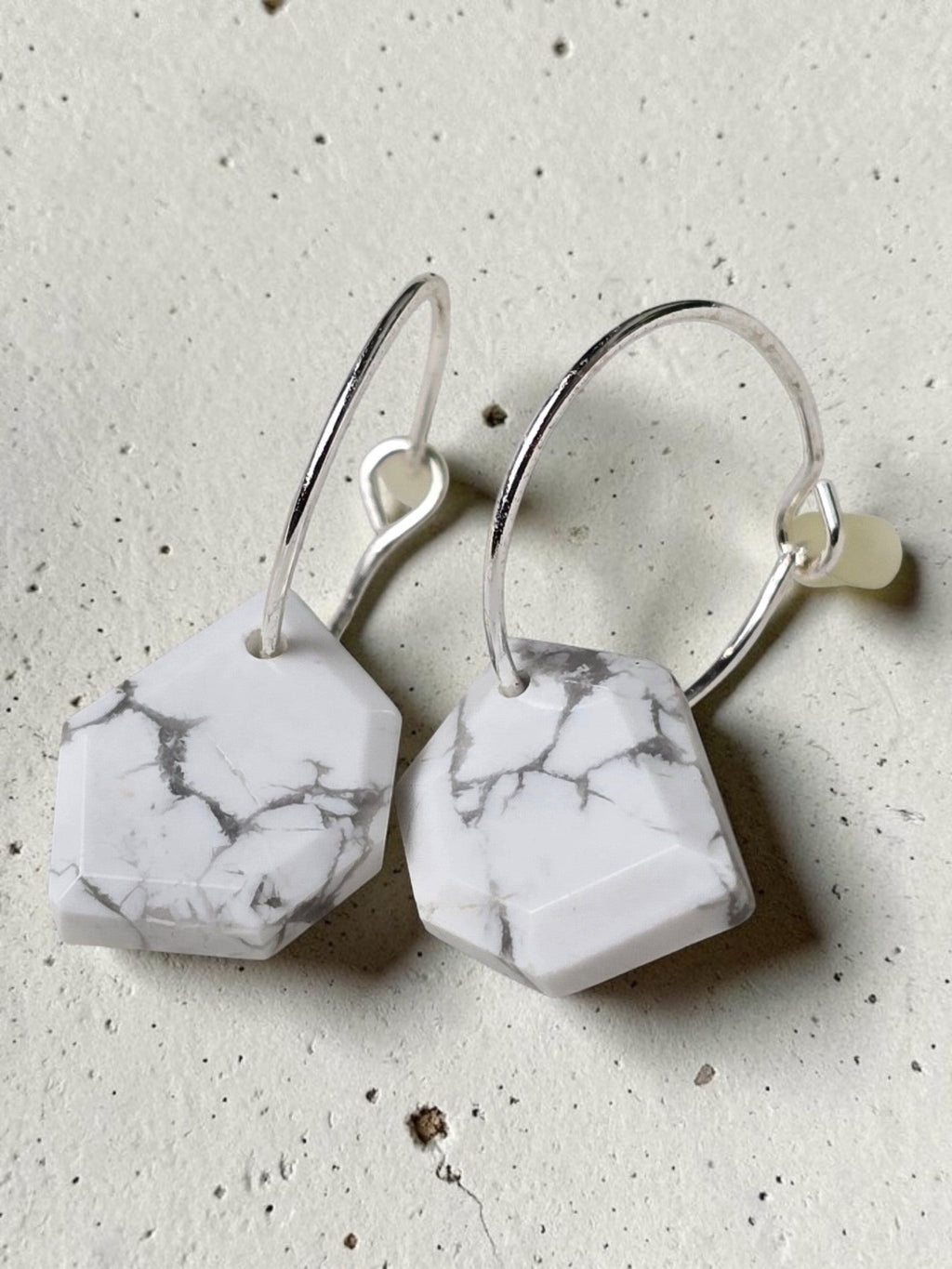reveriebygemma geometric white howlite charms on polished 925 sterling silver mini hoop huggie earrings