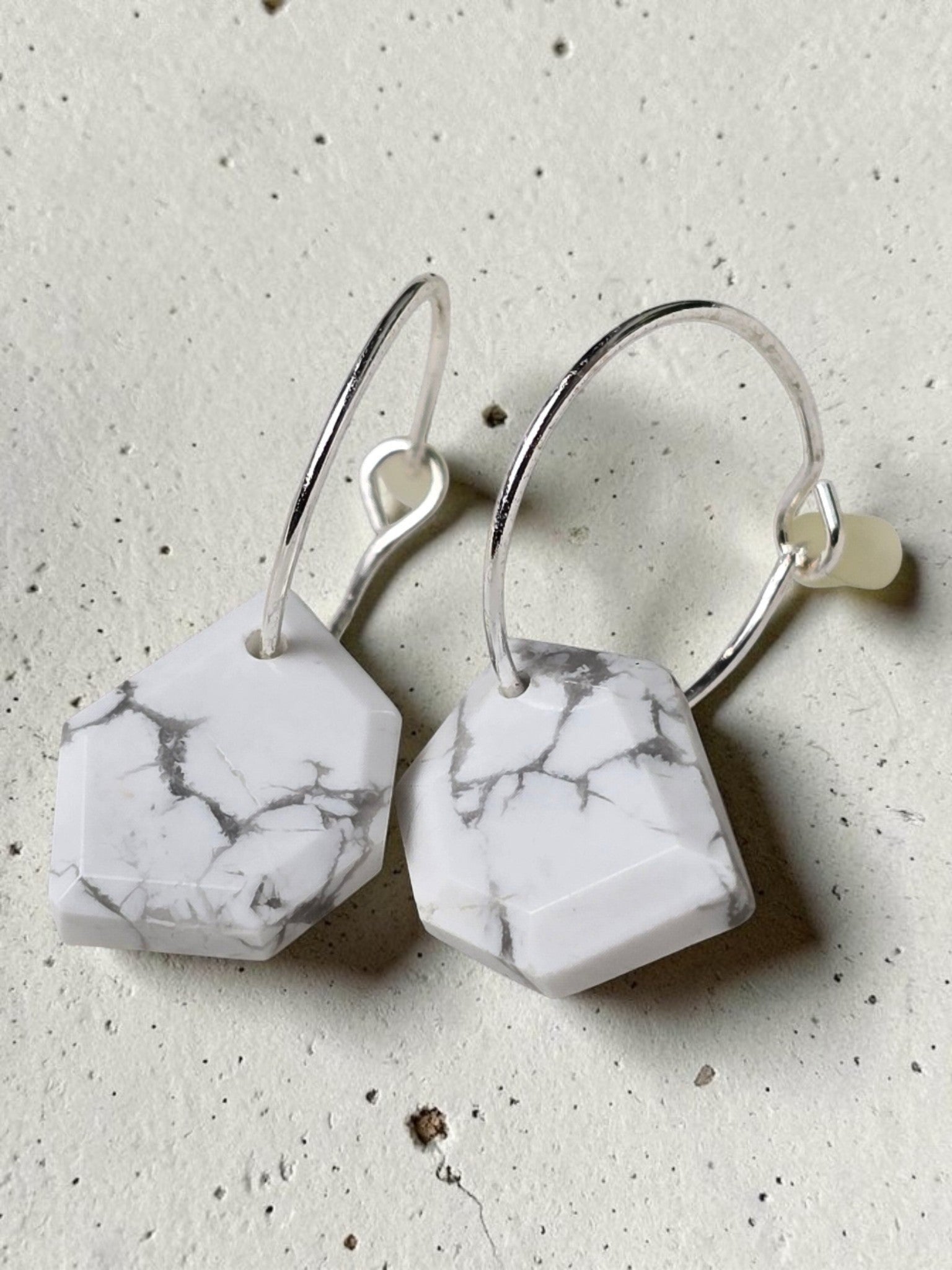 reveriebygemma geometric white howlite charms on polished 925 sterling silver mini hoop huggie earrings