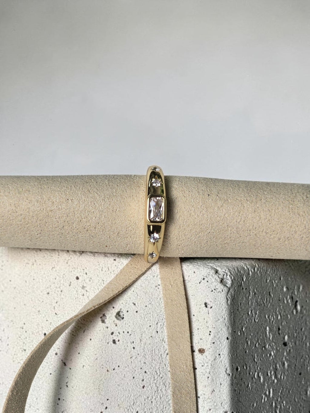 reveriebygemma 14kt gold plated sterling silver dome signet ring with baguette and round cubic zirconia starburst detail