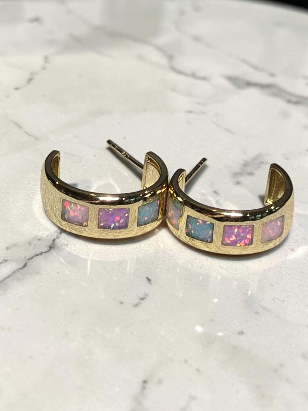 reveriebygemma 18kt gold vermeil hoop earrings featuring square-cut iridescent opal ombré inlay panels