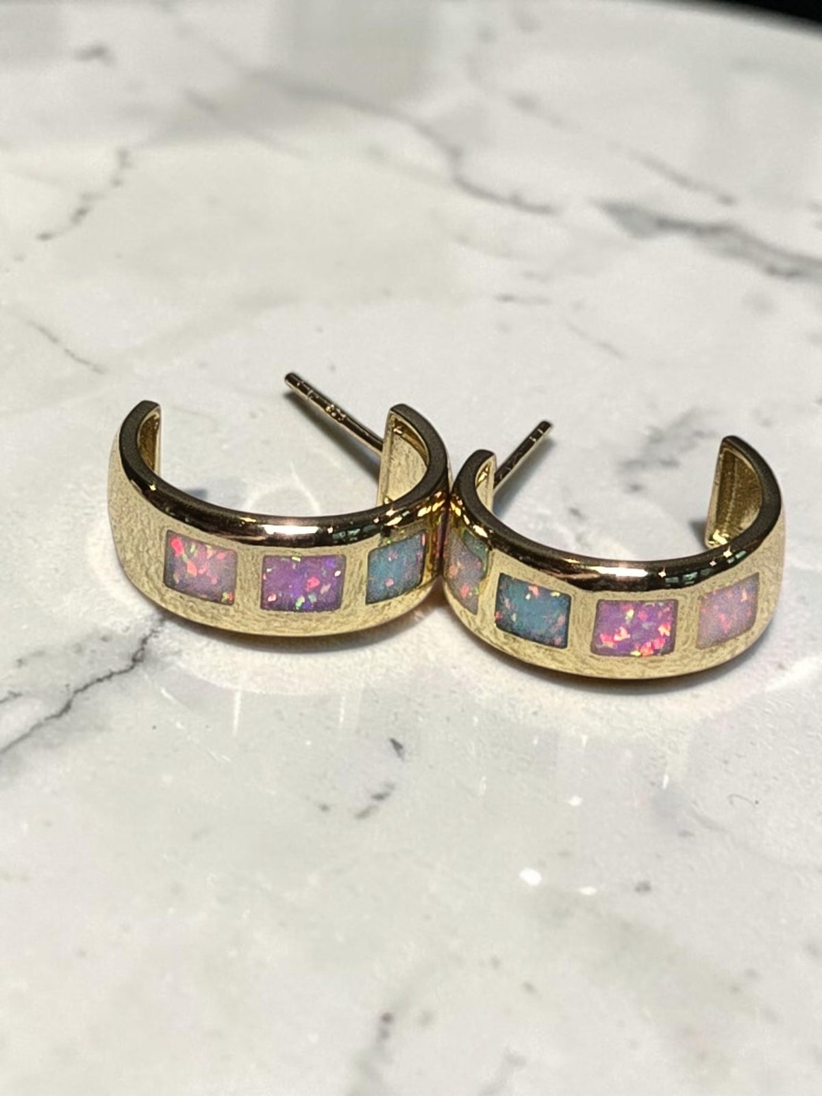 reveriebygemma 18kt gold vermeil hoop earrings featuring square-cut iridescent opal ombré inlay panels