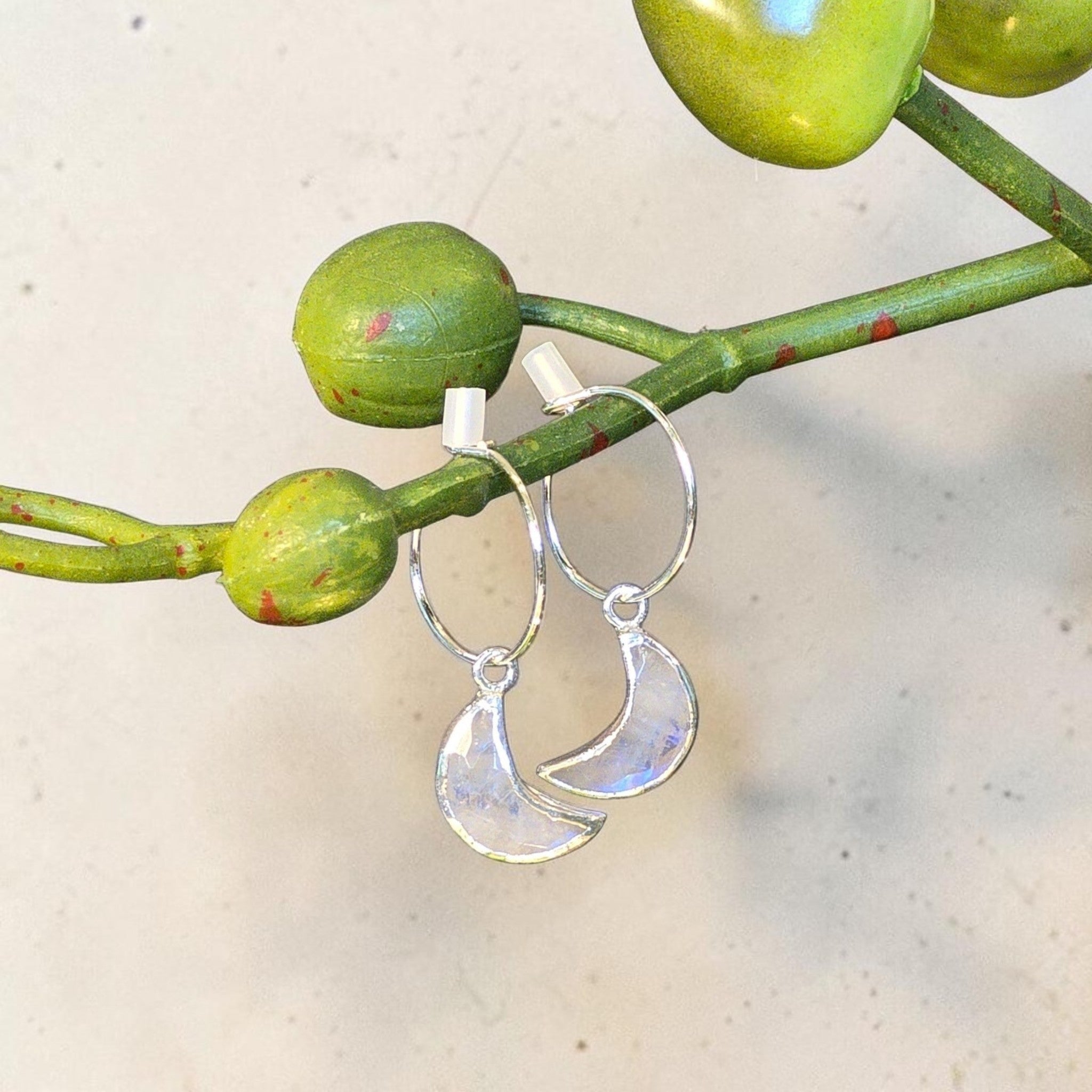 reveriebygemma Selene crescent moonstone mini huggie hoops in 925 sterling silver hanging from a green branch