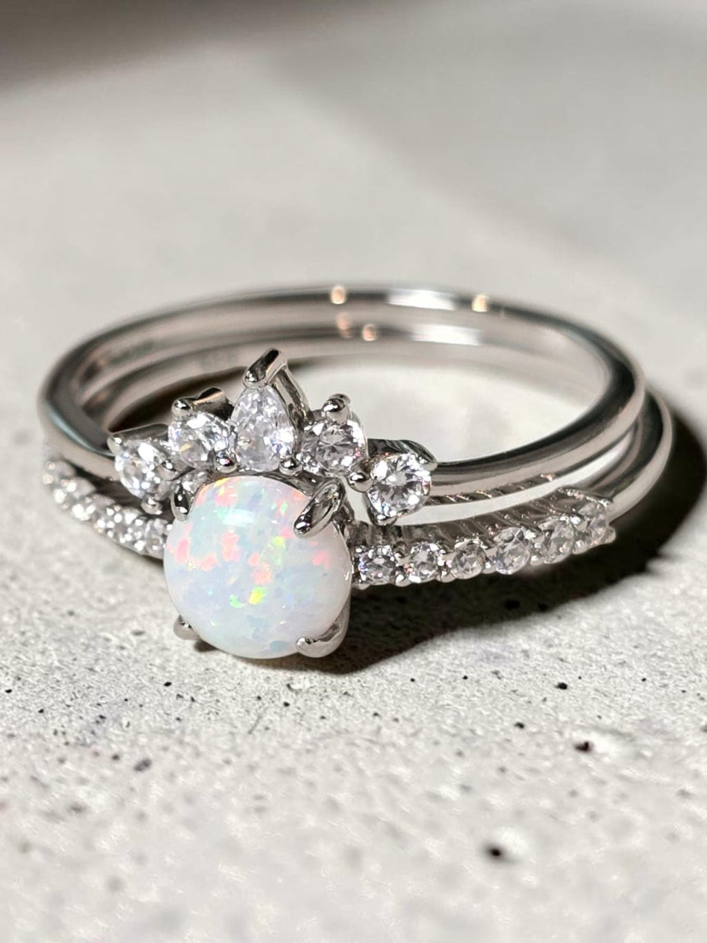 reveriebygemma opal tiara stacking ring set in rhodium plated sterling silver with pear and round cubic zirconia